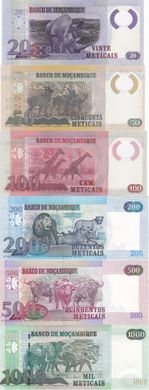 Mozambique - set 6 banknotes 20 50 100 200 500 1000 Meticais 2011 - 2017 - UNC