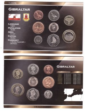 Гибралтар - набор 8 монет 1 2 5 10 20 50 Pence 1 2 Pounds 1995 - 2016 - в картонке - UNC