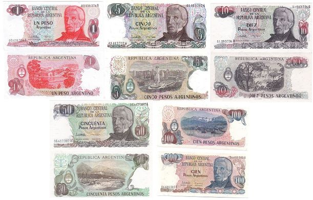 Argentina - Set 5 banknotes 1 5 10 50 100 Pesos 1984 - 1985 - Pick 311a(2) - 315a(2) - aUNC / XF