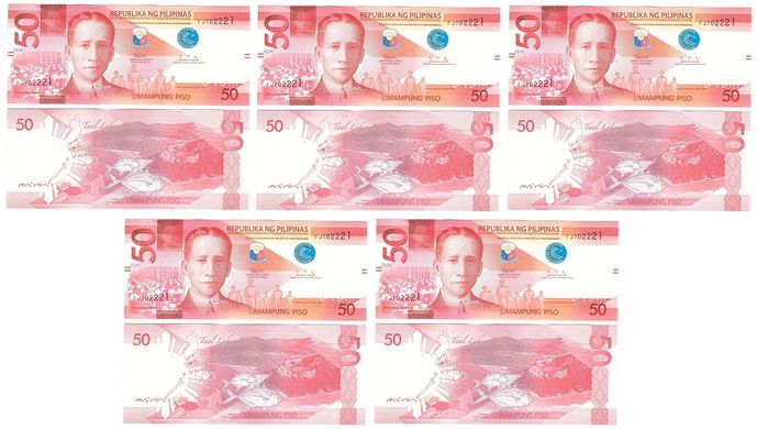 Philippines - 5 pcs x 50 Piso 2020 - With Marks for the Blind - UNC