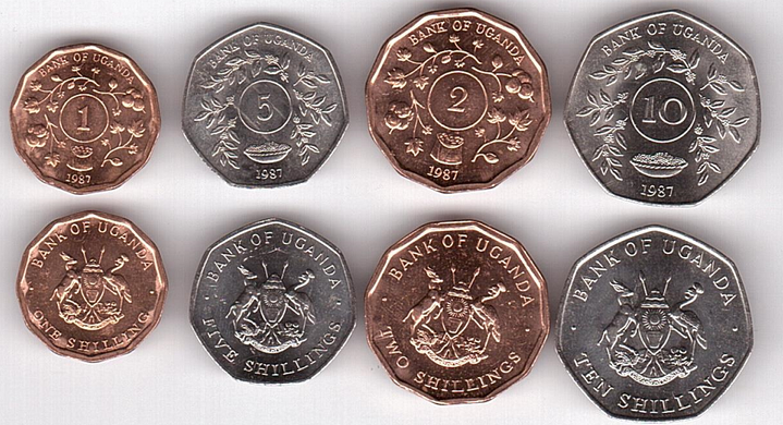 Уганда - набір 4 монети 1 2 5 10 Shillings 1987 - aUNC