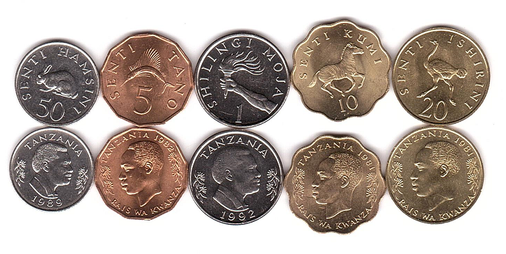 Танзанія - набір 5 монет 5 10 20 50 Senti 1 Shiling 1981 - 1992 - UNC