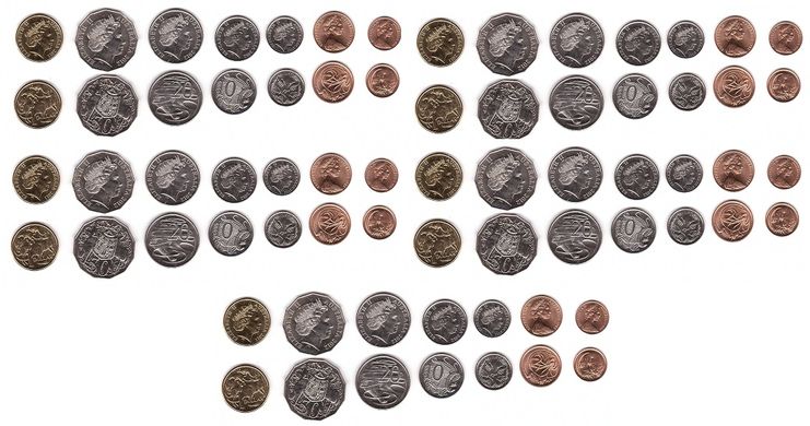 Австралия - 5 шт х набор 7 монет 1 2 5 10 20 50 Cents 1 Dollar 1981 - 2012 - UNC