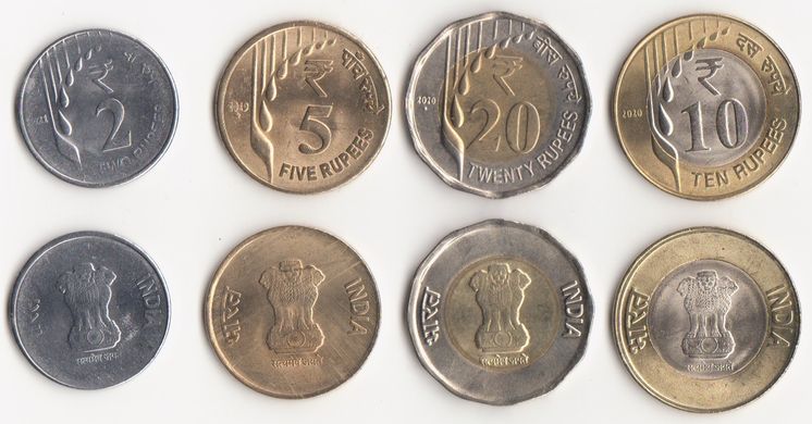 India - 5 pcs x set 4 coins 2 5 10 20 Rupees 2019 - 2021 - aUNC / UNC