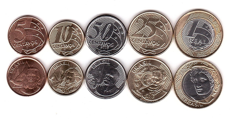 Бразилия - набор 5 монет 5 10 25 50 Centavos + 1 Real 2018 - UNC