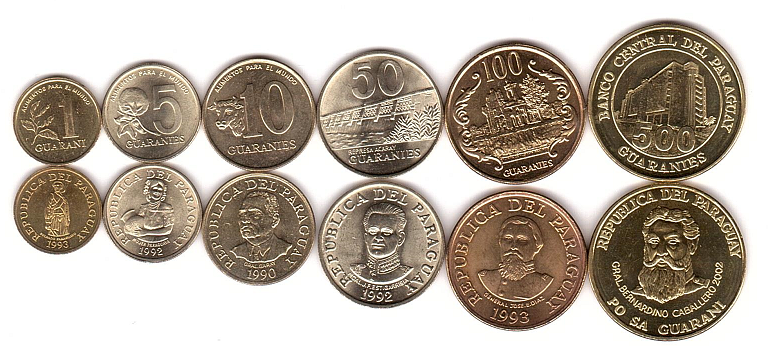Парагвай - набор 6 монет 1 5 10 50 100 500 Guaranies 1990 - 2002 - aUNC