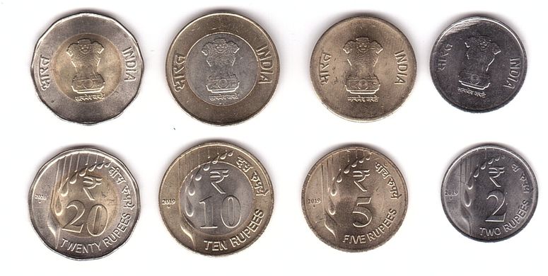 Индия - набор 4 монеты 2 5 10 20 Rupees 2019 - 2020 - aUNC / UNC