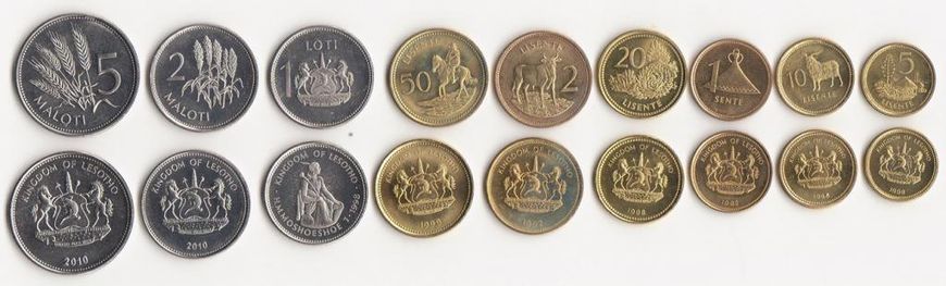 Лесото - набір 9 монет 1 Sente 2 5 10 10 50 Lisente 1 2 5 Maloti 1992 - 2010 - UNC