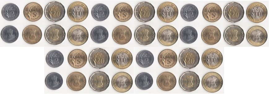 Індія - 5 шт х набір 4 Монети 2 5 10 20 Rupees 2019 - 2021 - aUNC / UNC