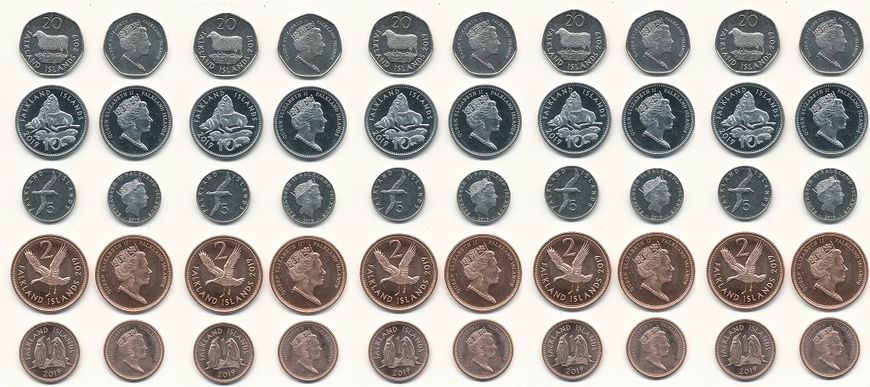 Фолклендські острови - 5 шт х набір 5 монет 1 2 5 10 20 Pence 2019 - UNC
