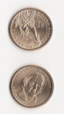 США - 1 Dollar 2007 - P - Томас Джефферсон / Томас Джеферон - 3 -й президент - UNC