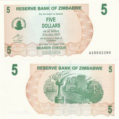 Зимбабве - 5 Dollars 2006 - cheque - Pick 38 - UNC