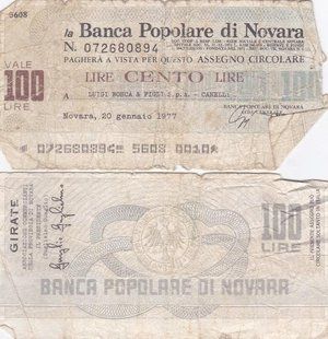 Италия / Novara - 100 Lire 1976 - 1977 - mixed - La Banca Popolare di Novara - VF / F