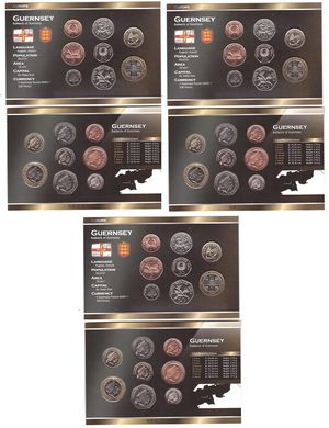Гернсі - 3 шт х набір 8 монет 1 2 5 10 10 50 Pense 1 2 Pounds 1998 - 2012 - у картоні - UNC