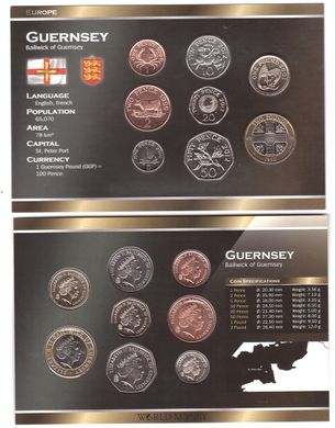 Гернси - 3 шт х набор 8 монет 1 2 5 10 20 50 Pence 1 2 Pounds 1998 - 2012 - в картонке - UNC