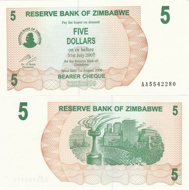 Зімбабве - 5 Dollars 2006 - Cheque - Pick 38 - UNC