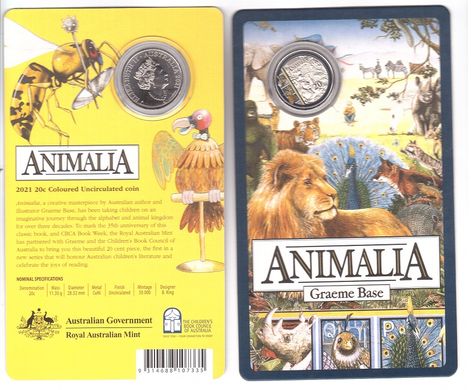 Australia - 20 Cents 2021 - 35 years of publication of the book Animalia Fauna - in folder - UNC