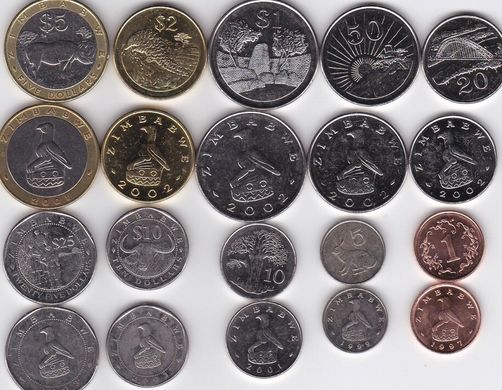 Зимбабве - набор 10 монет 1 5 10 20 50 Cent 1 2 5 10 25 Dollars 1997 - 2003 - aUNC