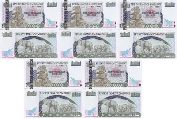 Zimbabwe - 5 pcs х 1000 Dollars 2003 - P. 12b - (narrow letters in the serial number) - aUNC