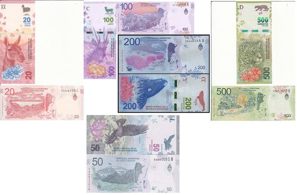 Аргентина - набір 5 банкнот 20 50 100 200 500 Pesos 2017 - 2021 - UNC