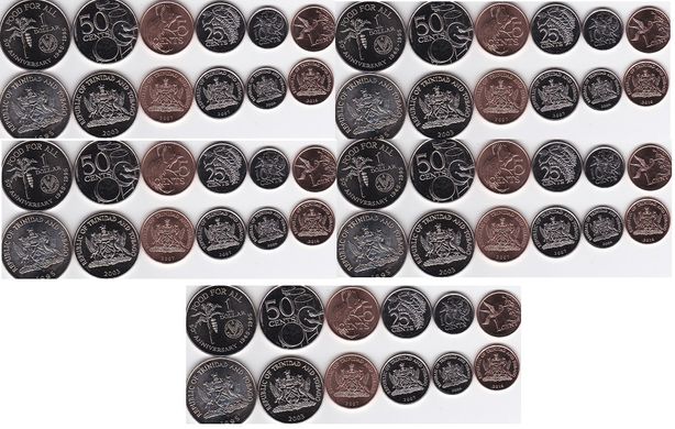 Тринидад и Тобаго - 5 шт х набор 6 монет 1 5 10 25 50 Cents 1 Dollar 1995 - 2016 - aUNC / UNC