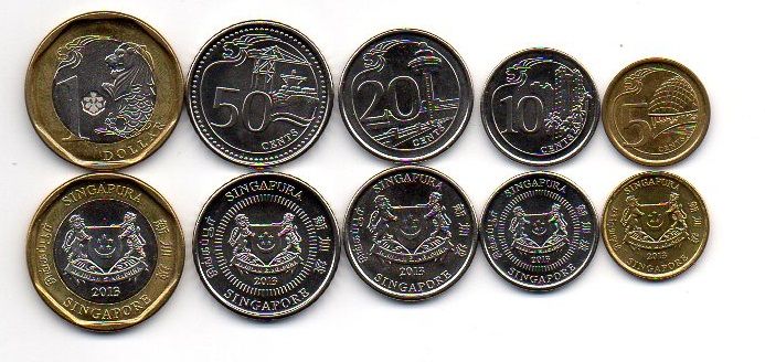 Singapore - 5 pcs x set 5 coins 5 10 20 50 Cents 1 Dollar 2013 - XF / aUNC