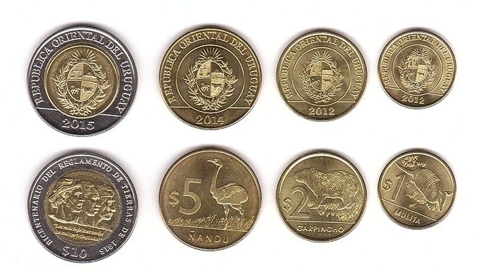 Уругвай - набір 4 монети 1 2 5 10 Pesos 2012 - 2015 - aUNC / UNC