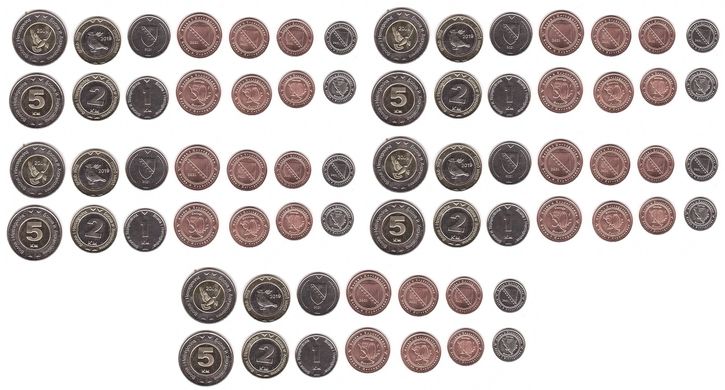 Босния - 5 шт х набор 7 монет 5 10 20 50 Feninga 1 2 5 KM 2009 - 2021 - UNC