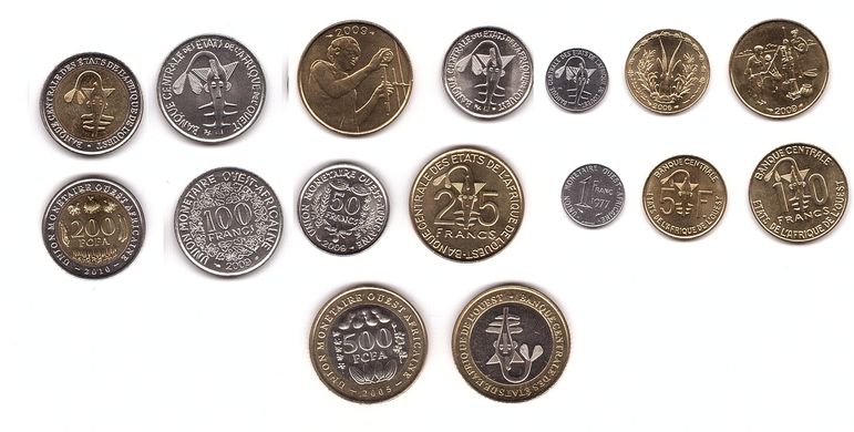 Западная Африка - набор 8 монет 1 5 10 25 50 100 200 500 Francs 1977 - 2010 - UNC