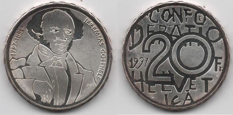 Швейцария - 20 Francs 1997 - Єреміас Готхельф - срібло - UNC