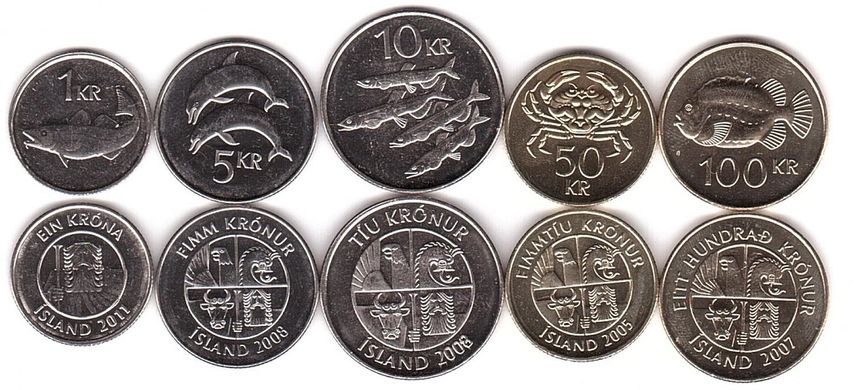 Исландия - набор 5 монет 1 5 10 50 100 Kronur 2005 - 2011 - UNC