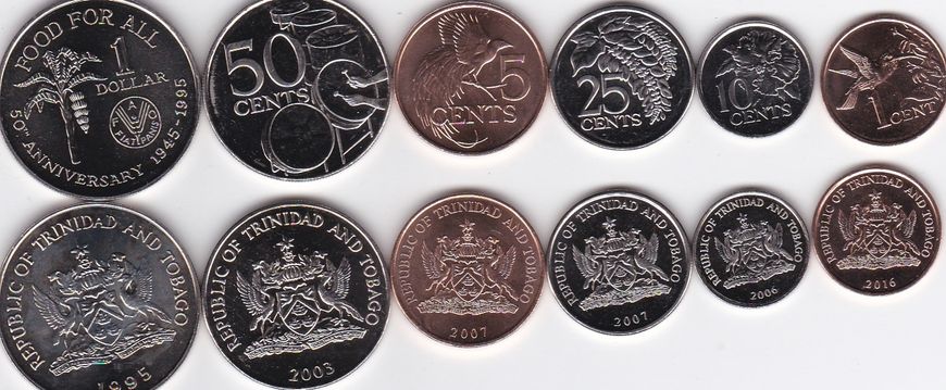 Trinidad and Tobago - 5 pcs x set 6 coins 1 5 10 25 50 Cents 1 Dollar 1995 - 2016 - aUNC / UNC