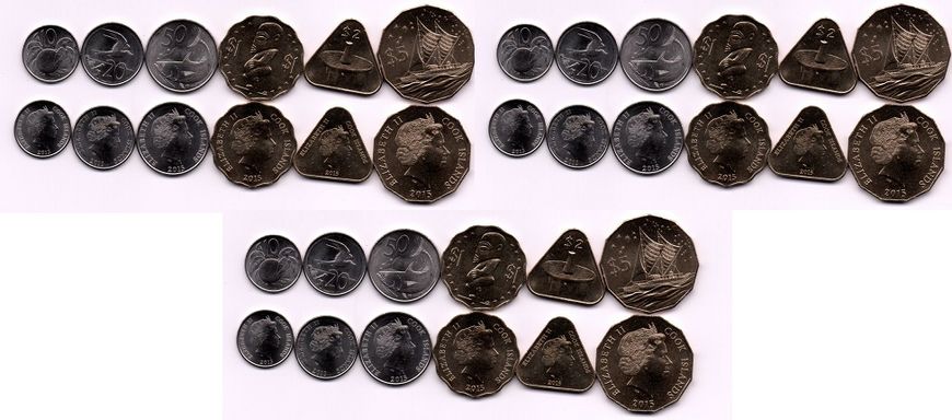 Cook Islands - 3 pcs x set 6 coins 10 20 50 Cents 1 2 5 Dollars 2015 - UNC