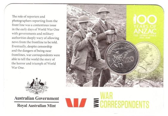 Австралія - ​​20 Cents 2015 - WWI - War Correspondents - in folder - comm. - UNC