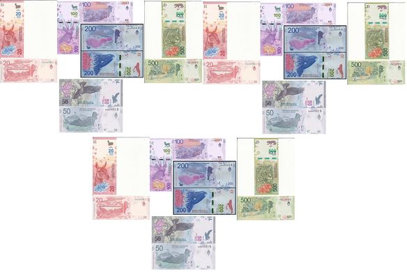 Аргентина - 3 шт х набір 5 банкнот 20 50 100 200 500 Pesos 2017 - 2021 - UNC