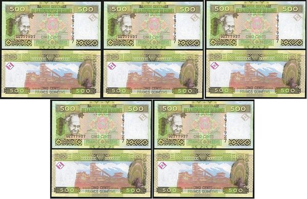 Гвинея - 5 шт х 500 Francs 2006 - P. 39a - UNC