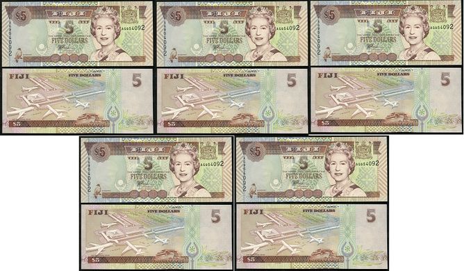 Фиджи - 5 шт х 5 Dollars 2002 - Pick 105b - Queen Elizabeth ll - UNC