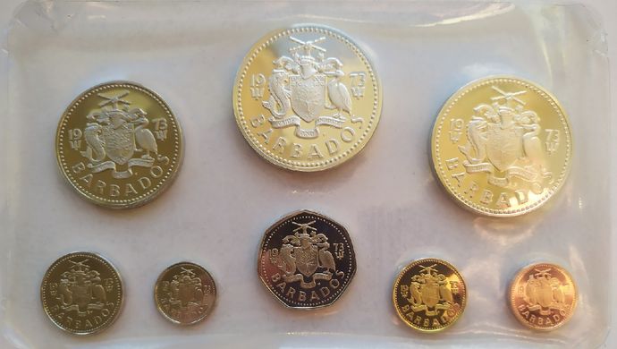 Барбадос - набір 8 монет 1 5 10 25 Cents 1 2 ( 5 10 срібло ) Dollars 1973 - у запайці - UNC
