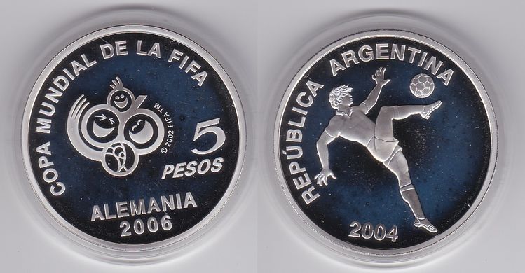 Аргентина - 5 Pesos 2004 - FIFA Чемпіонат світу з футболу в Німеччині 2006 - срібло - в капсулі - UNC