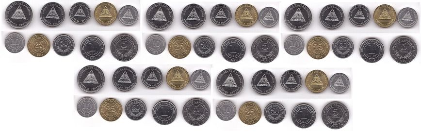 Никарагуа - 5 шт х набор 5 монет 5 10 25 50 Centavos 1 Cordobas 2014 - 2015 - UNC