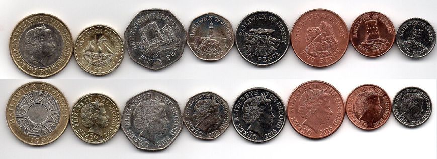 Джерсі - набір 8 монет 1 2 5 10 20 50 Pense 1 2 Pounds 1998 - 2016 - aUNC
