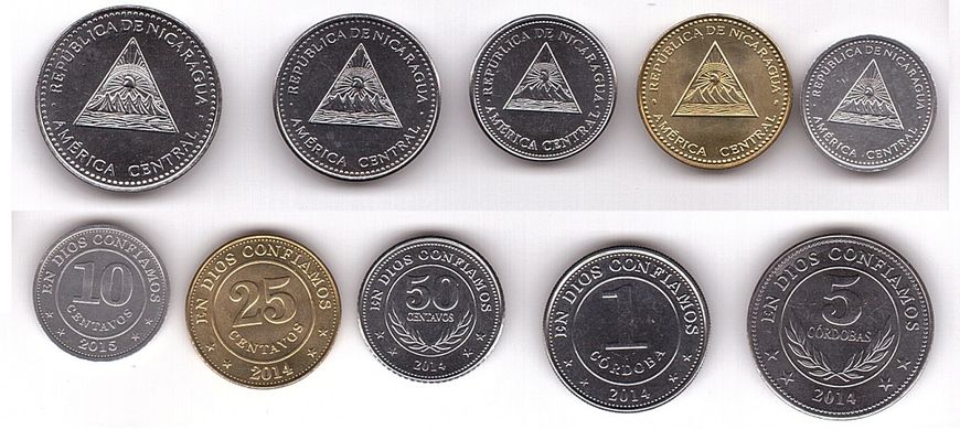 Никарагуа - 5 шт х набор 5 монет 5 10 25 50 Centavos 1 Cordobas 2014 - 2015 - UNC