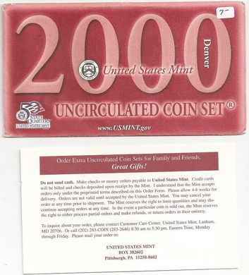 США - набор 10 монет 1 Cent 5 Cents 1 Dime 50 (1/2) Cents 1 Dollar + 25 Cents (5 шт) 2000 - D - Denver - Red - UNC