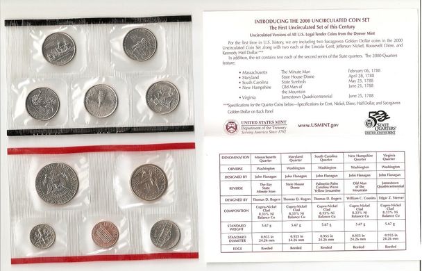 США - набор 10 монет 1 Cent 5 Cents 1 Dime 50 (1/2) Cents 1 Dollar + 25 Cents (5 шт) 2000 - D - Denver - Red - UNC