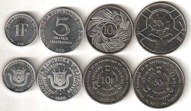 Бурунди - набор 4 монеты 1 5 10 50 Francs 1980 - 2011 - UNC