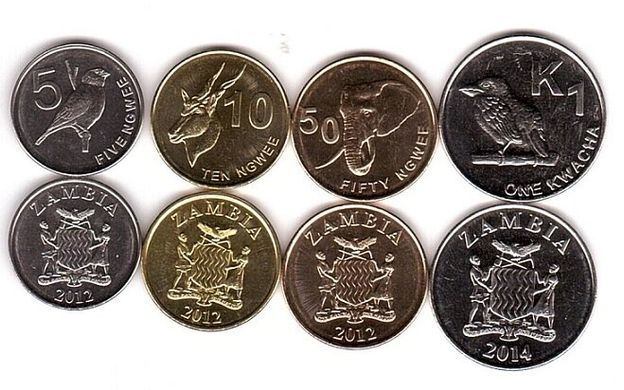 Замбія - набір 4 монети 5 10 50 Ngwee 1 Kwacha 2012 - 2014 - UNC