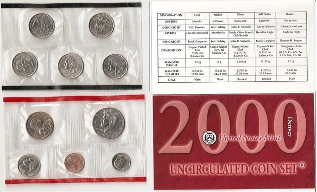 США - набір 10 монет 1 Cent 5 Cents 1 Dime 50 (1/2) Cents 1 Dollar + 25 Cents (5 шт) 2000 - D - Denver - Red - UNC