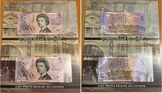 Australia - set 2 banknotes x 5 Dollars 2012 - Polymer - in ANDA commemorative booklet - edition of 300 pcs - UNC