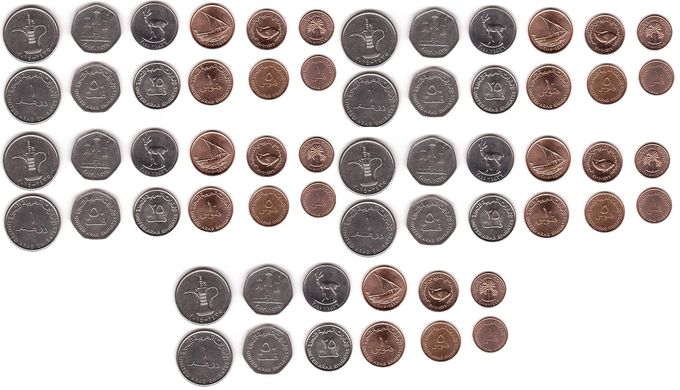 Об'єднані Арабські Емірати / ОАЕ - 5 шт х набір 6 монет 1 5 10 25 25 Fils 1 Dirham 1973 - 2007 - UNC