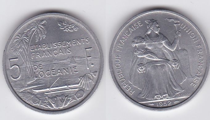 French Polynesia - 5 Francs 1952 - aUNC / XF+